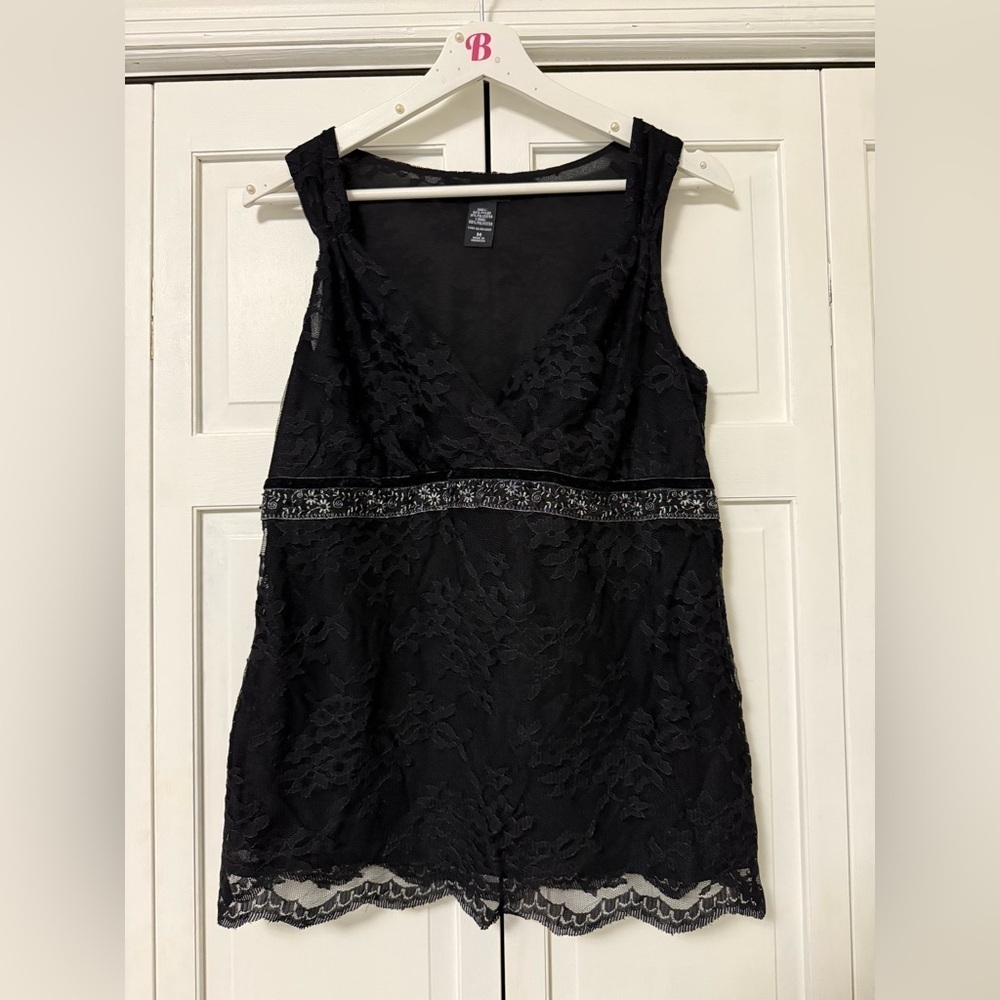 Y2K New York & Co. Black Lace Velvet Embellished Babydoll Top Vamp Goth Med